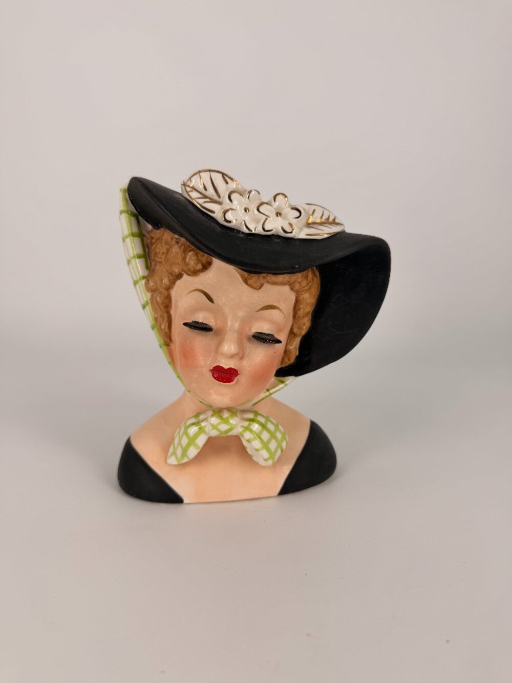 Vintage NAPCO 1959 Lady Head Vase C4414A Black Hat Green Plaid